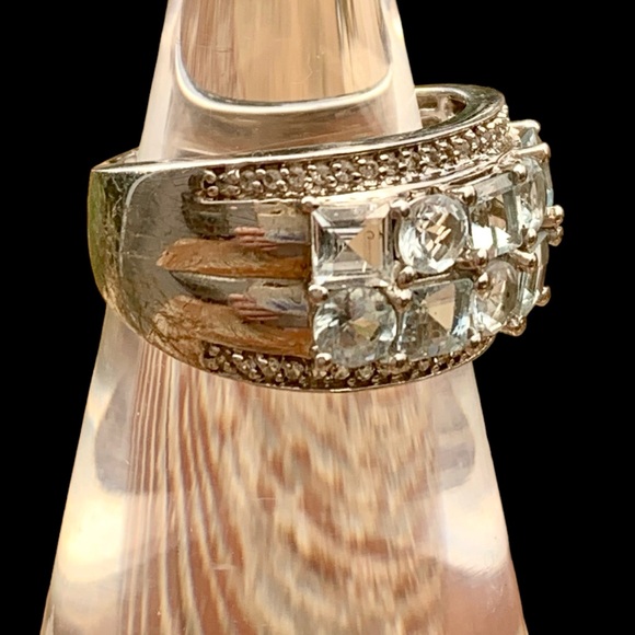 Sterling Silver Aquamarine Cubic Zirconia Square & Round Cut Unisex Ring Jewelry - Picture 1 of 8